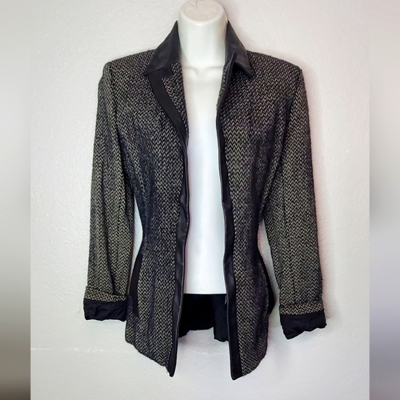 Wool & Genuine Leather Black & Gray Blazer  Notched Lapels Structured Shoulders - Picture 1 of 10